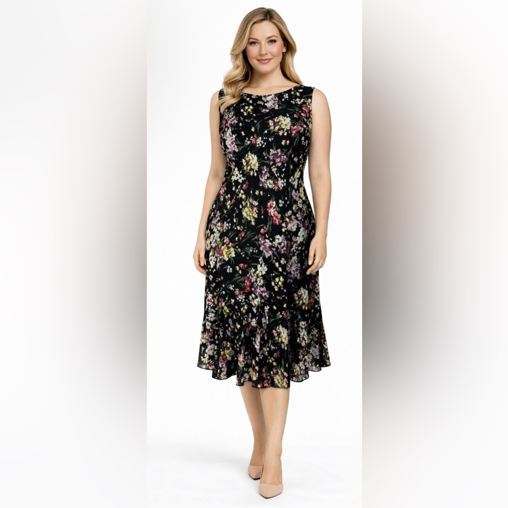 Chaps Midi Floral Dress 16 Black Cream Green Purple Pink Flowy Romantic Fairy
